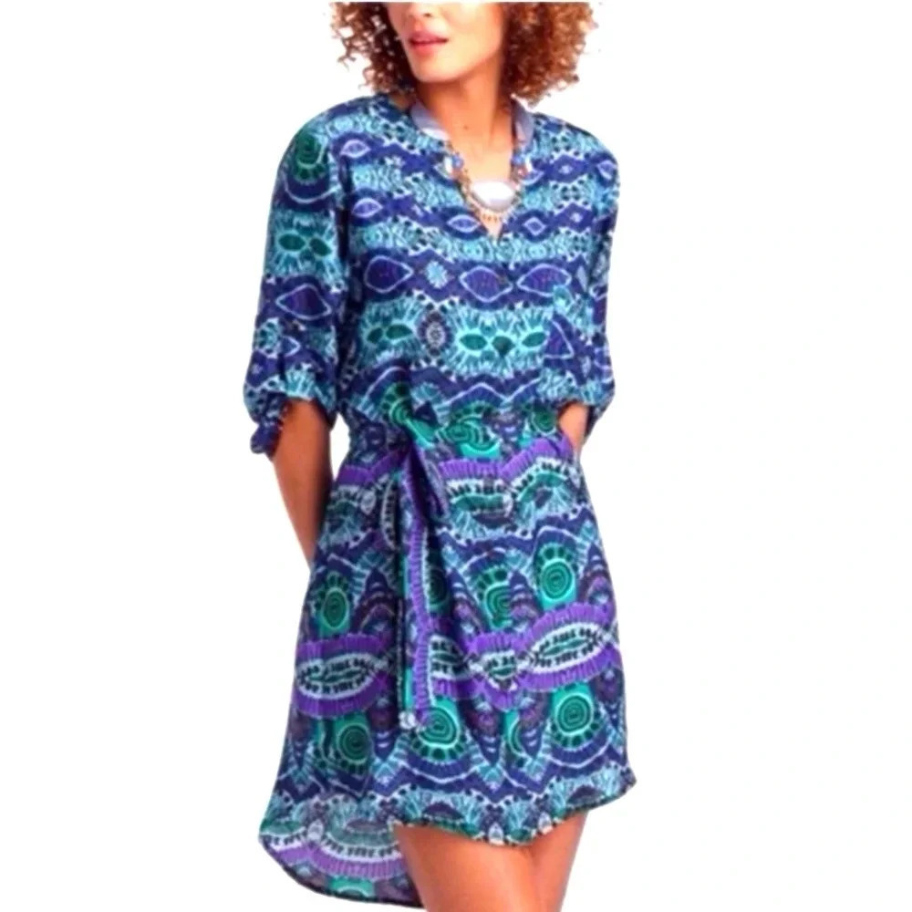 Anthropologie Maeve Ikat Frequencies Belted Shirt Dress